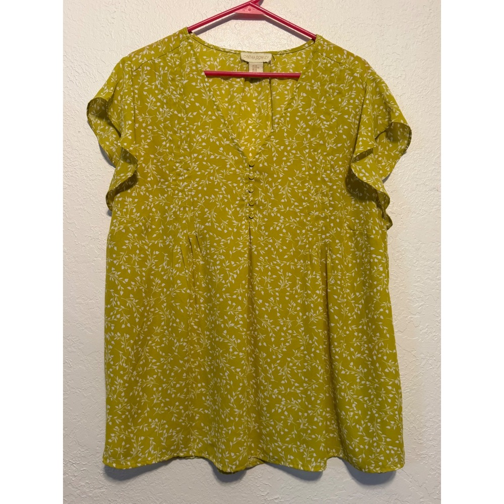 Cynthia Rowley Womens 1X Chartreuse Yellow Floral V-Neck Flutter Sleeve Blouse